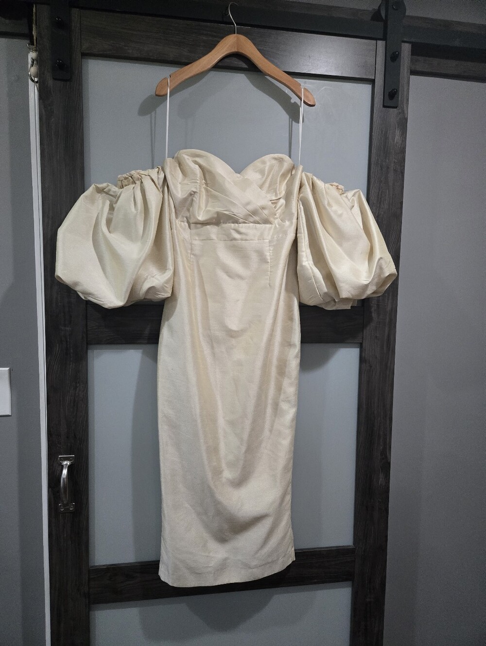 Alieva Tiffany Dupioni Puff Sleeve Dress Beige Size Large